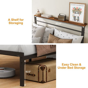 English Elm Queen Industrial Platform Bed Vintage Wood Headboard with Charging Station and Open Shelves T6051P535101