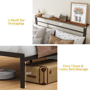 English Elm Full Size Platform Bed with Charging Headboard Wooden Shelf and Steel Slat Support T6051P535205