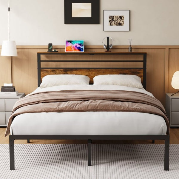 English Elm Full Size Industrial Platform Bed Warm Wood Headboard with Shelving and Charging Outlet T6051P535222