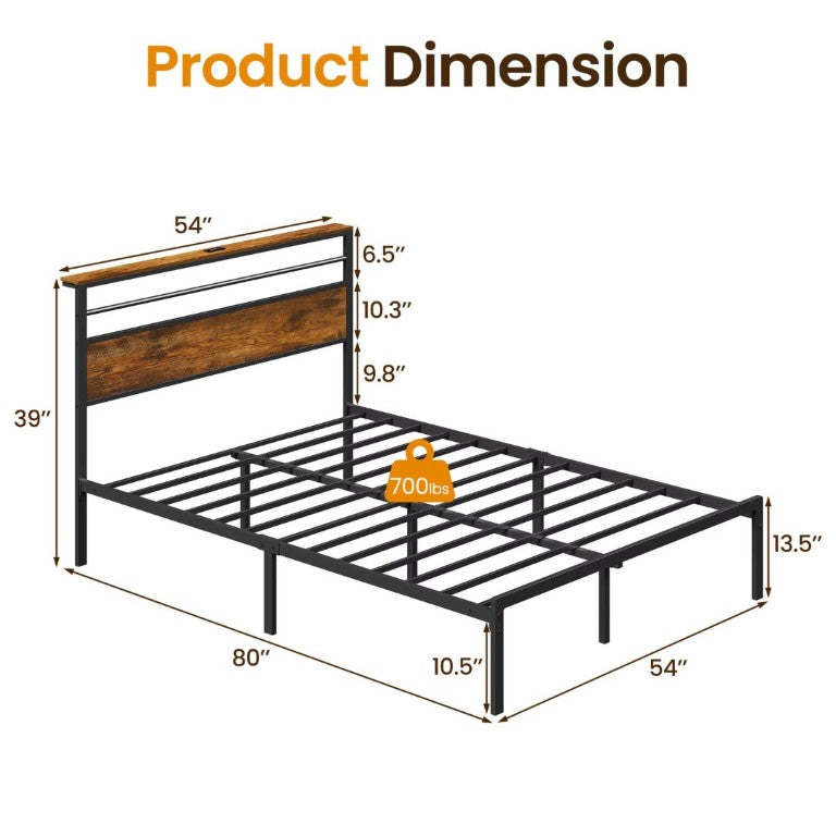 English Elm Full Size Industrial Platform Bed Warm Wood Headboard with Shelving and Charging Outlet T6051P535222