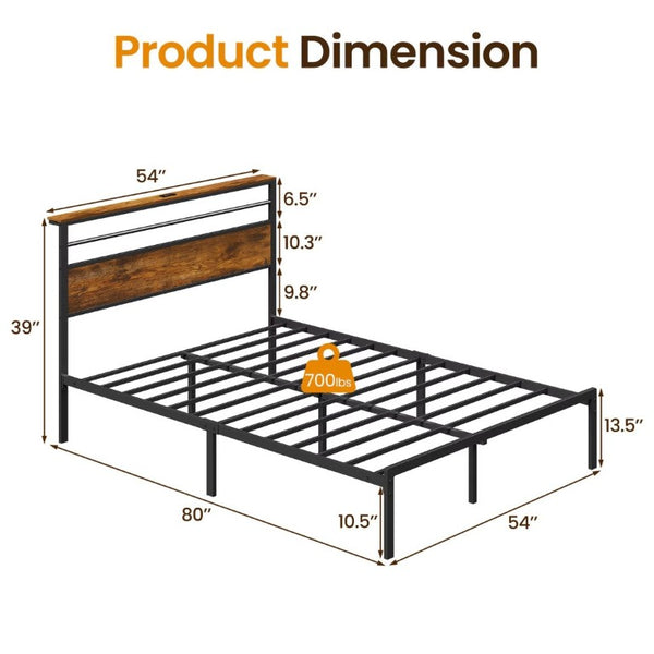 English Elm Full Size Industrial Platform Bed Warm Wood Headboard with Shelving and Charging Outlet T6051P535222
