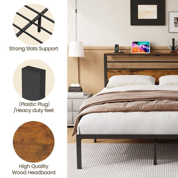 English Elm Full Size Industrial Platform Bed Warm Wood Headboard with Shelving and Charging Outlet T6051P535222