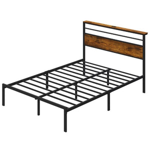 English Elm Full Size Industrial Platform Bed Warm Wood Headboard with Shelving and Charging Outlet T6051P535222