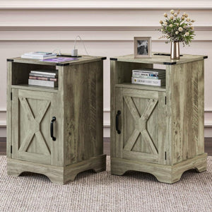 English Elm Farmhouse Nightstand Set of 2 with Built-In Charging Station Rustic Warm Grey Wood T6051P535346