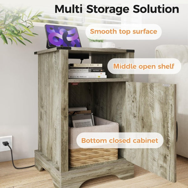 English Elm Farmhouse Nightstand Set of 2 with Built-In Charging Station Rustic Warm Grey Wood T6051P535346