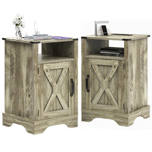 English Elm Farmhouse Nightstand Set of 2 with Built-In Charging Station Rustic Warm Grey Wood T6051P535346