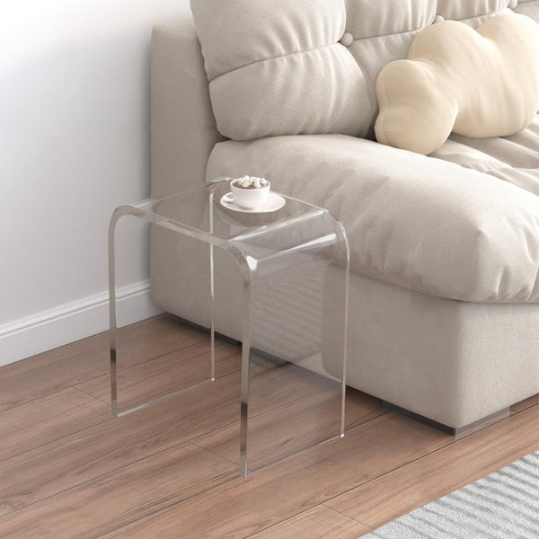 English Elm Acrylic Waterfall Edge Side Table Set of 2 Clear Lucite Sculptural Square Nightstands T6051P537705
