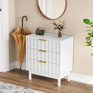 English Elm 3 Drawer White Dresser with Fluted Fronts Gold Pulls and Raised Legs for Bedroom T6051P537813