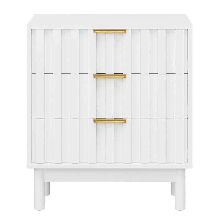 English Elm 3 Drawer White Dresser with Fluted Fronts Gold Pulls and Raised Legs for Bedroom T6051P537813