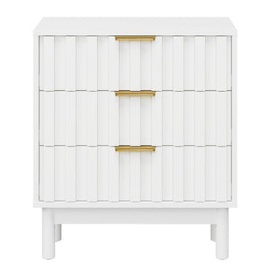 English Elm 3 Drawer White Dresser with Fluted Fronts Gold Pulls and Raised Legs for Bedroom T6051P537813