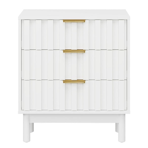 English Elm 3 Drawer White Dresser with Fluted Fronts Gold Pulls and Raised Legs for Bedroom T6051P537813