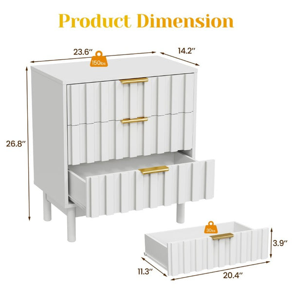 English Elm 3 Drawer White Dresser with Fluted Fronts Gold Pulls and Raised Legs for Bedroom T6051P537813