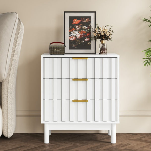 English Elm 3 Drawer White Dresser with Fluted Fronts Gold Pulls and Raised Legs for Bedroom T6051P537813