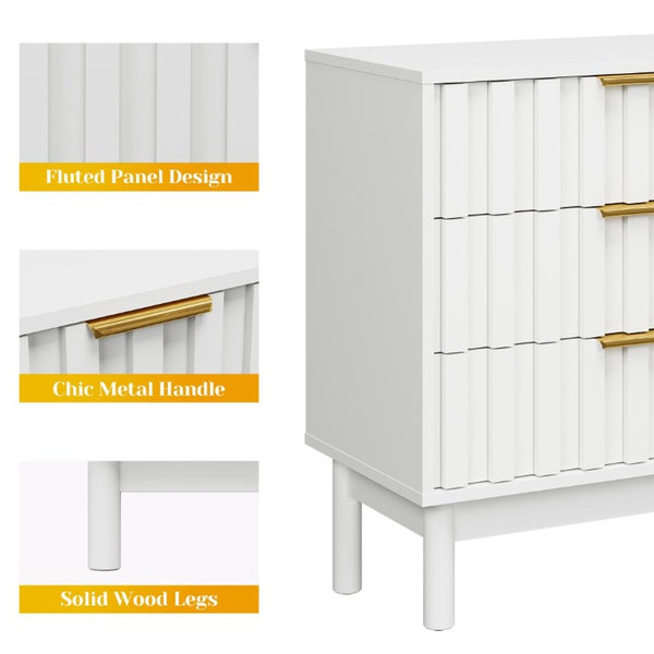 English Elm 3 Drawer White Dresser with Fluted Fronts Gold Pulls and Raised Legs for Bedroom T6051P537813
