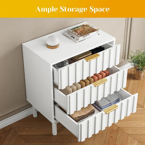 English Elm 3 Drawer White Dresser with Fluted Fronts Gold Pulls and Raised Legs for Bedroom T6051P537813