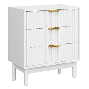 English Elm 3 Drawer White Dresser with Fluted Fronts Gold Pulls and Raised Legs for Bedroom T6051P537813