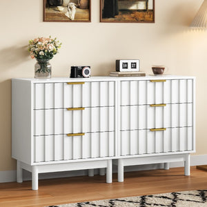 English Elm 3 Drawer White Dresser with Fluted Fronts Gold Pulls and Raised Legs for Bedroom T6051P537813