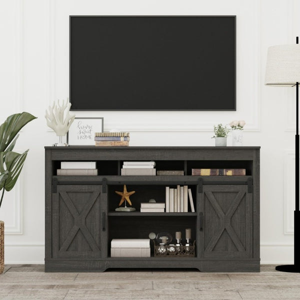 English Elm Farmhouse Media Console with Sliding Barn Doors Engineered Wood TV Stand for Living Room T6051P537816