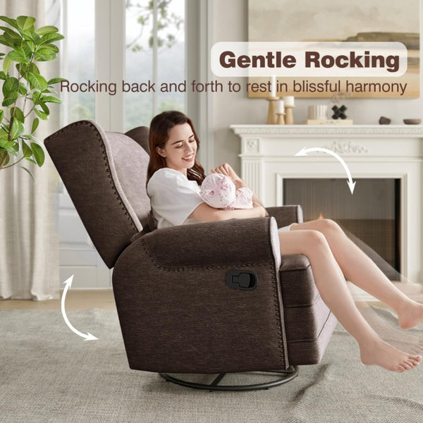 English Elm Swivel Glider Recliner with 360 Rotation Footrest Lumbar Support Nailhead Nursery Chair T6051P538921