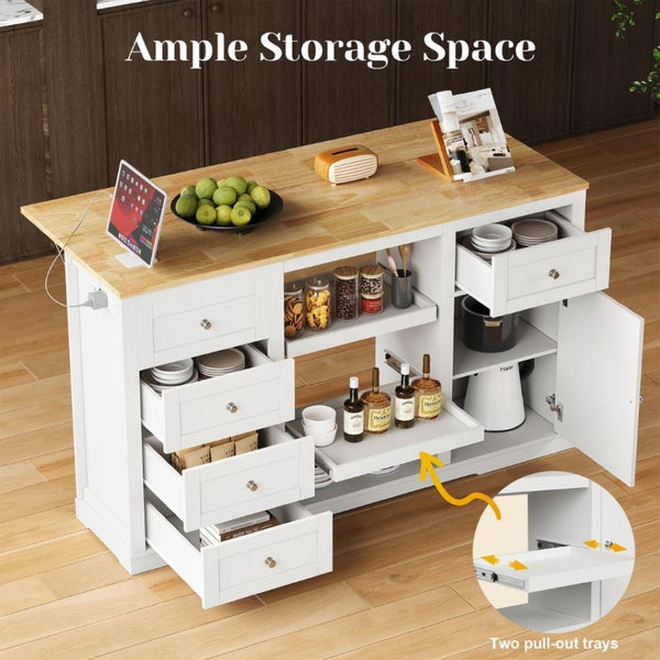 English Elm Kitchen Island Drop Leaf Rubberwood Top with Drawers Pull Out Trays and Power Outlet T6051P539535
