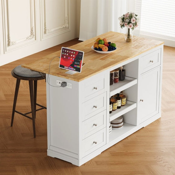 English Elm Kitchen Island Drop Leaf Rubberwood Top with Drawers Pull Out Trays and Power Outlet T6051P539535