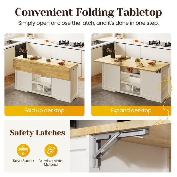 English Elm Kitchen Island Drop Leaf Rubberwood Top with Drawers Pull Out Trays and Power Outlet T6051P539535