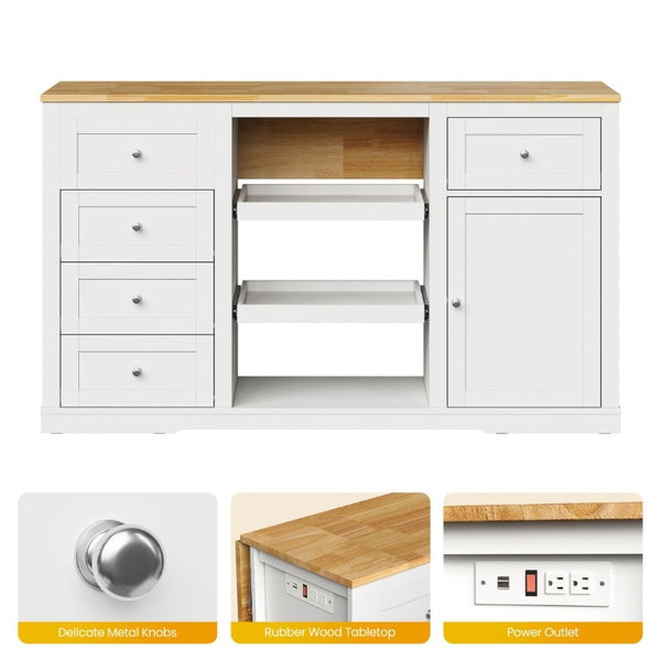 English Elm Kitchen Island Drop Leaf Rubberwood Top with Drawers Pull Out Trays and Power Outlet T6051P539535