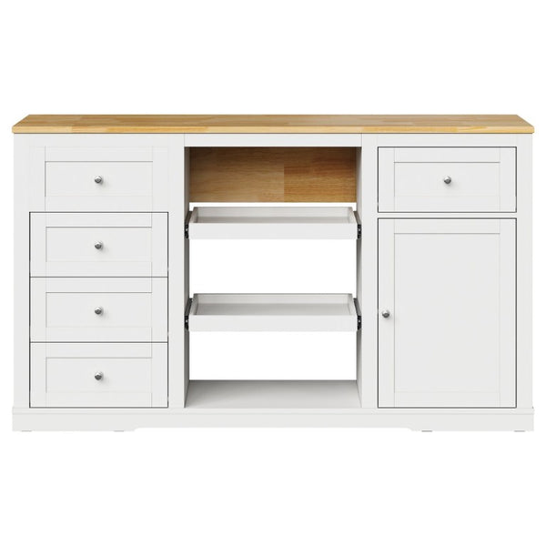 English Elm Kitchen Island Drop Leaf Rubberwood Top with Drawers Pull Out Trays and Power Outlet T6051P539535