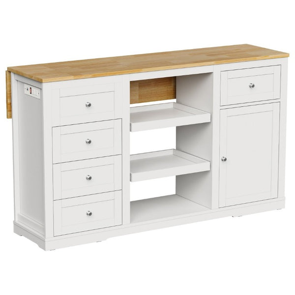 English Elm Kitchen Island Drop Leaf Rubberwood Top with Drawers Pull Out Trays and Power Outlet T6051P539535