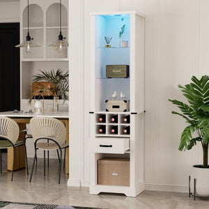 English Elm 75 Inch Farmhouse Linen Tower Cabinet with LED Glow Tempered Glass Shelves Wine Rack T6051P539544