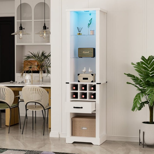English Elm 75 Inch Farmhouse Linen Tower Cabinet with LED Glow Tempered Glass Shelves Wine Rack T6051P539544