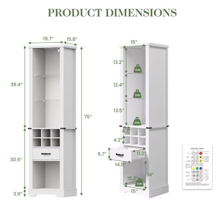 English Elm 75 Inch Farmhouse Linen Tower Cabinet with LED Glow Tempered Glass Shelves Wine Rack T6051P539544