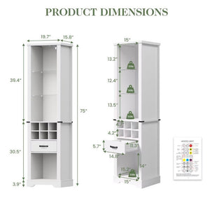 English Elm 75 Inch Farmhouse Linen Tower Cabinet with LED Glow Tempered Glass Shelves Wine Rack T6051P539544