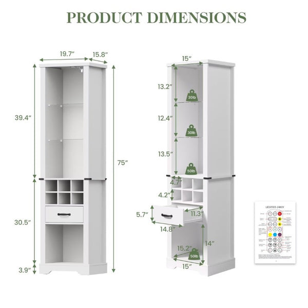 English Elm 75 Inch Farmhouse Linen Tower Cabinet with LED Glow Tempered Glass Shelves Wine Rack T6051P539544