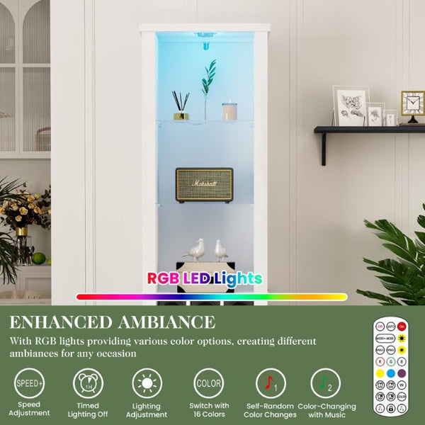English Elm 75 Inch Farmhouse Linen Tower Cabinet with LED Glow Tempered Glass Shelves Wine Rack T6051P539544