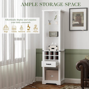 English Elm 75 Inch Farmhouse Linen Tower Cabinet with LED Glow Tempered Glass Shelves Wine Rack T6051P539544