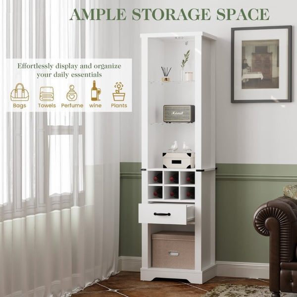 English Elm 75 Inch Farmhouse Linen Tower Cabinet with LED Glow Tempered Glass Shelves Wine Rack T6051P539544