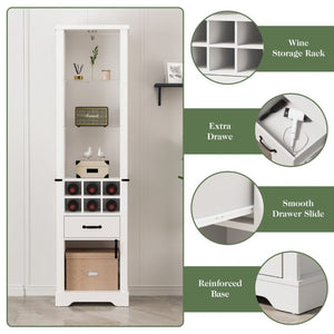 English Elm 75 Inch Farmhouse Linen Tower Cabinet with LED Glow Tempered Glass Shelves Wine Rack T6051P539544