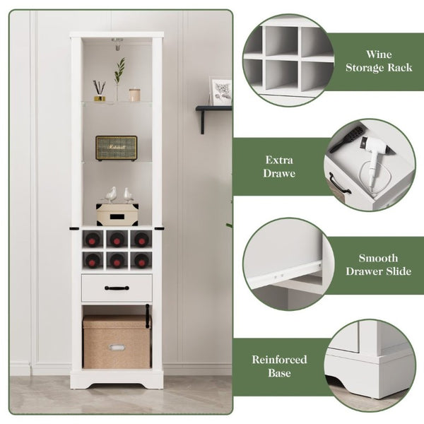 English Elm 75 Inch Farmhouse Linen Tower Cabinet with LED Glow Tempered Glass Shelves Wine Rack T6051P539544