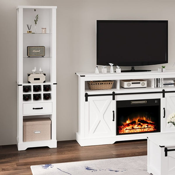 English Elm 75 Inch Farmhouse Linen Tower Cabinet with LED Glow Tempered Glass Shelves Wine Rack T6051P539544