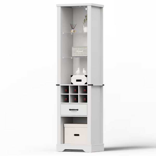 English Elm 75 Inch Farmhouse Linen Tower Cabinet with LED Glow Tempered Glass Shelves Wine Rack T6051P539544