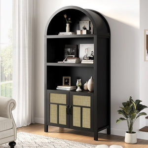 English Elm 70 Inch Rattan Arched Pantry Cabinet Bohemian Buffet with Adjustable Enclosed Shelving T6051P539547