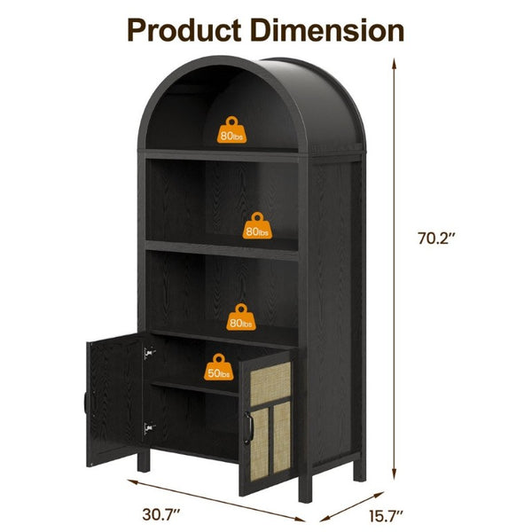 English Elm 70 Inch Rattan Arched Pantry Cabinet Bohemian Buffet with Adjustable Enclosed Shelving T6051P539547