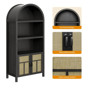English Elm 70 Inch Rattan Arched Pantry Cabinet Bohemian Buffet with Adjustable Enclosed Shelving T6051P539547