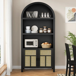 English Elm 70 Inch Rattan Arched Pantry Cabinet Bohemian Buffet with Adjustable Enclosed Shelving T6051P539547