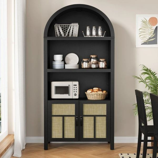 English Elm 70 Inch Rattan Arched Pantry Cabinet Bohemian Buffet with Adjustable Enclosed Shelving T6051P539547