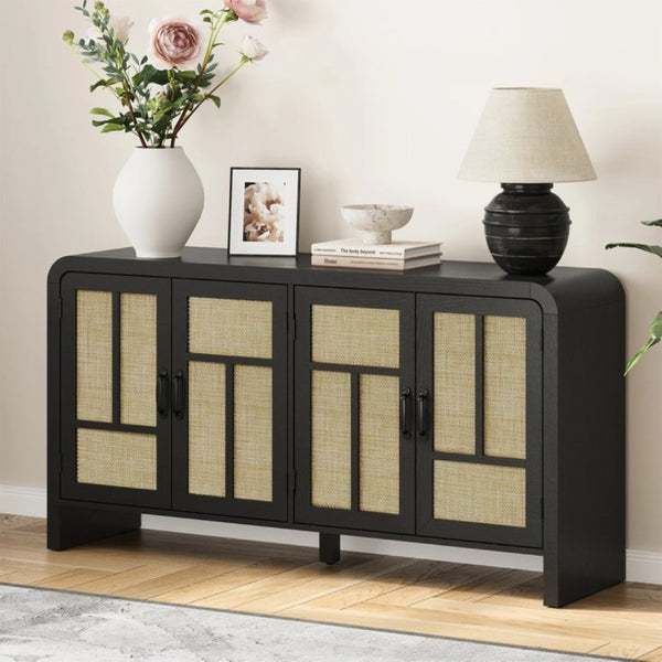 English Elm Rattan Woven Boho Sideboard with Adjustable Shelves and Matte Black Wood Frame T6051P539548