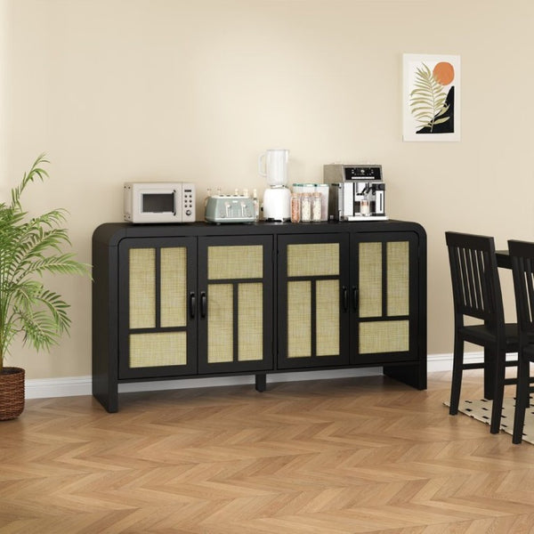 English Elm Rattan Woven Boho Sideboard with Adjustable Shelves and Matte Black Wood Frame T6051P539548