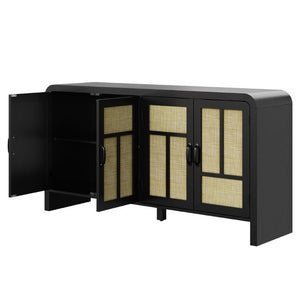 English Elm Rattan Woven Boho Sideboard with Adjustable Shelves and Matte Black Wood Frame T6051P539548