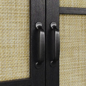 English Elm Rattan Woven Boho Sideboard with Adjustable Shelves and Matte Black Wood Frame T6051P539548
